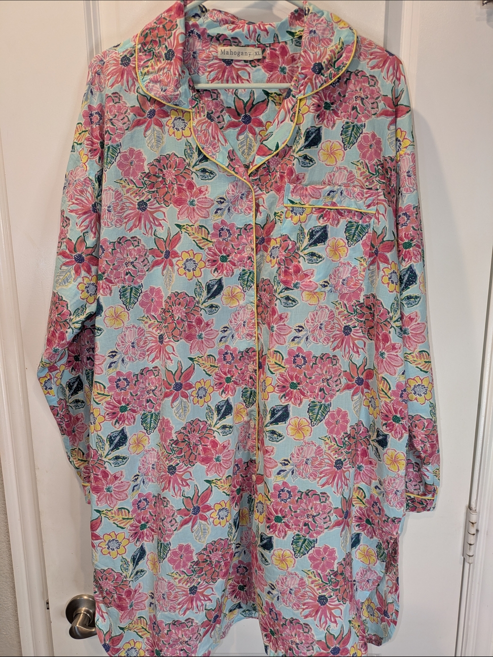 Mahogany Zoe Floral 100% Cotton Pajama Long Nightshirt in Blue & Pink